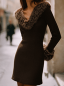 Elegant Chocolate Faux Fur Collar And Cuffs Knit Mini Dress