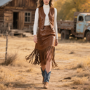 Gonna da donna in pelle con frange stile country bohemien